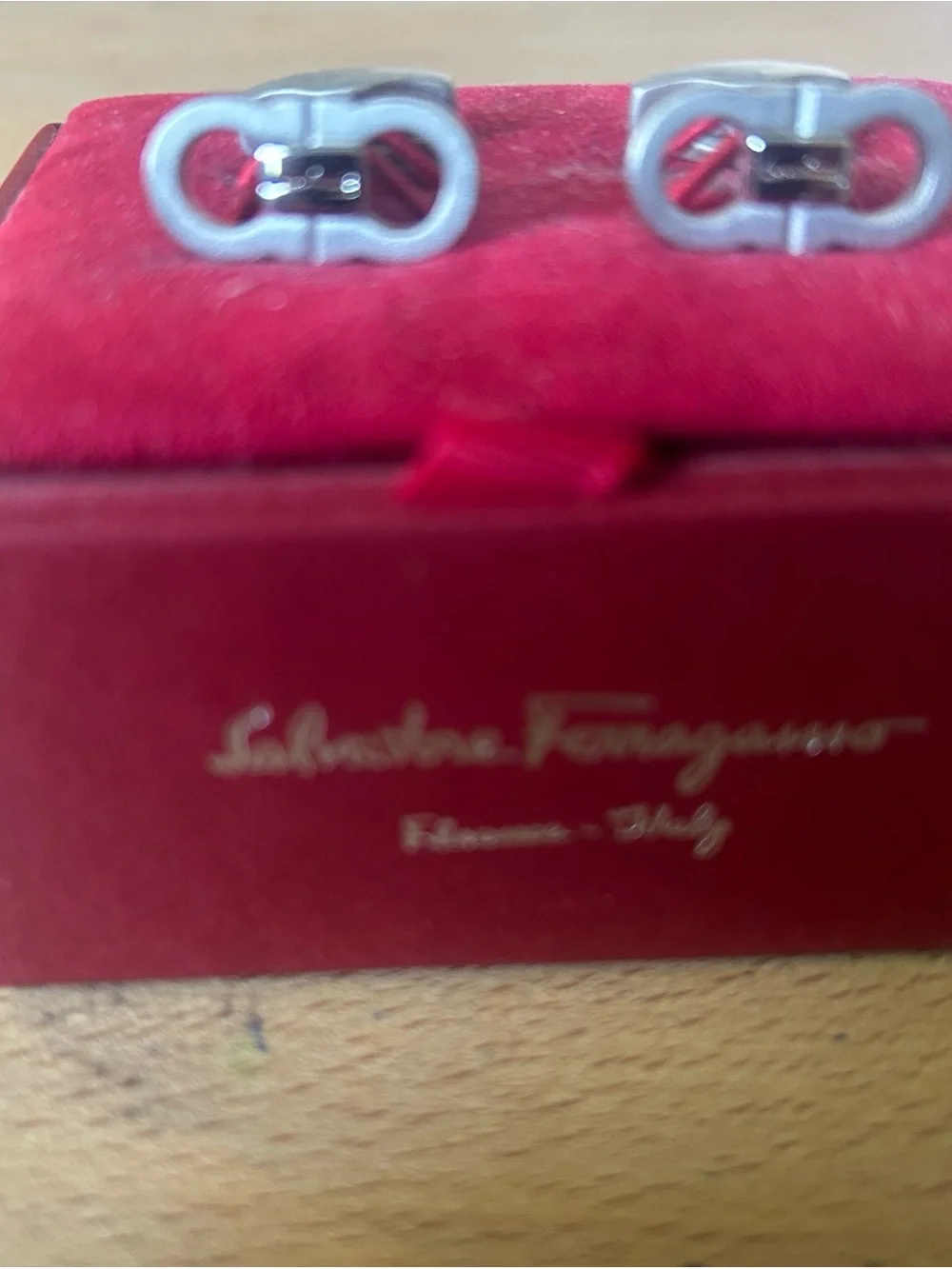Salvatore Ferragamo Silver Gancini Cufflinks with Red Box